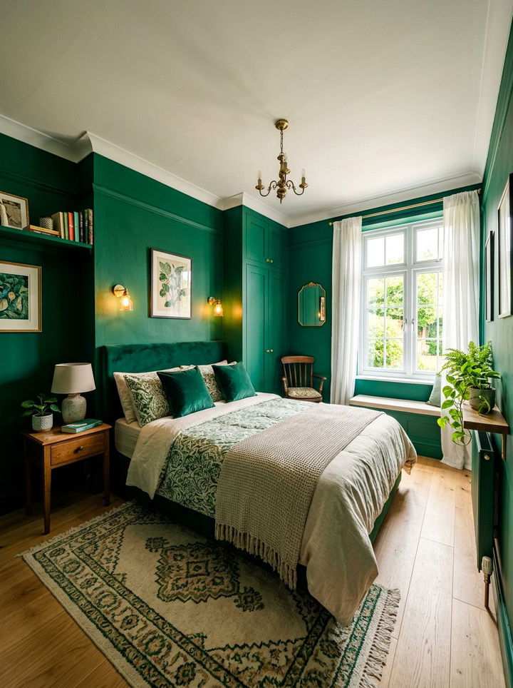 Dark green bedroom with exposed brick, black iron bed frame, cognac leather bench, warm lighting.