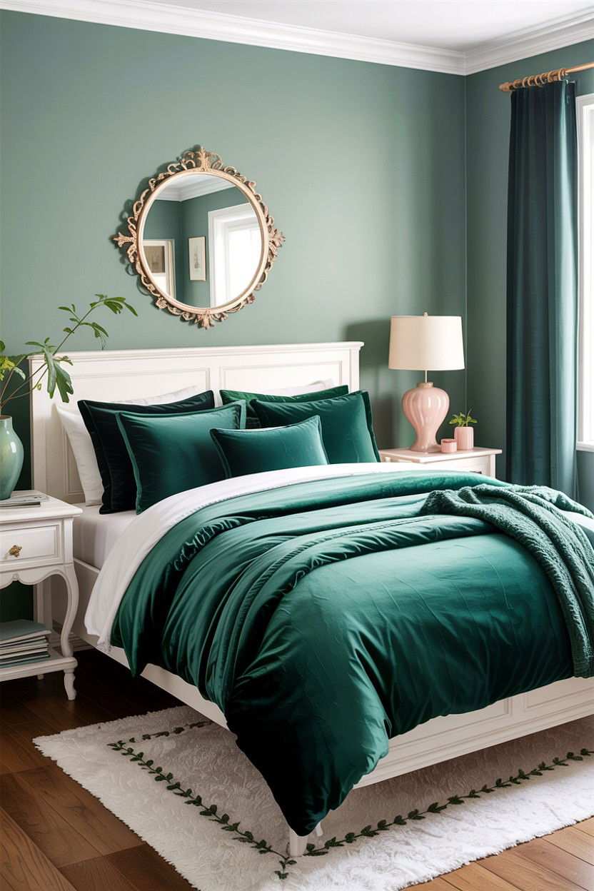 Dark olive green bedroom with mid-century walnut furniture, brushed brass lamp, warm ambient sconce light.