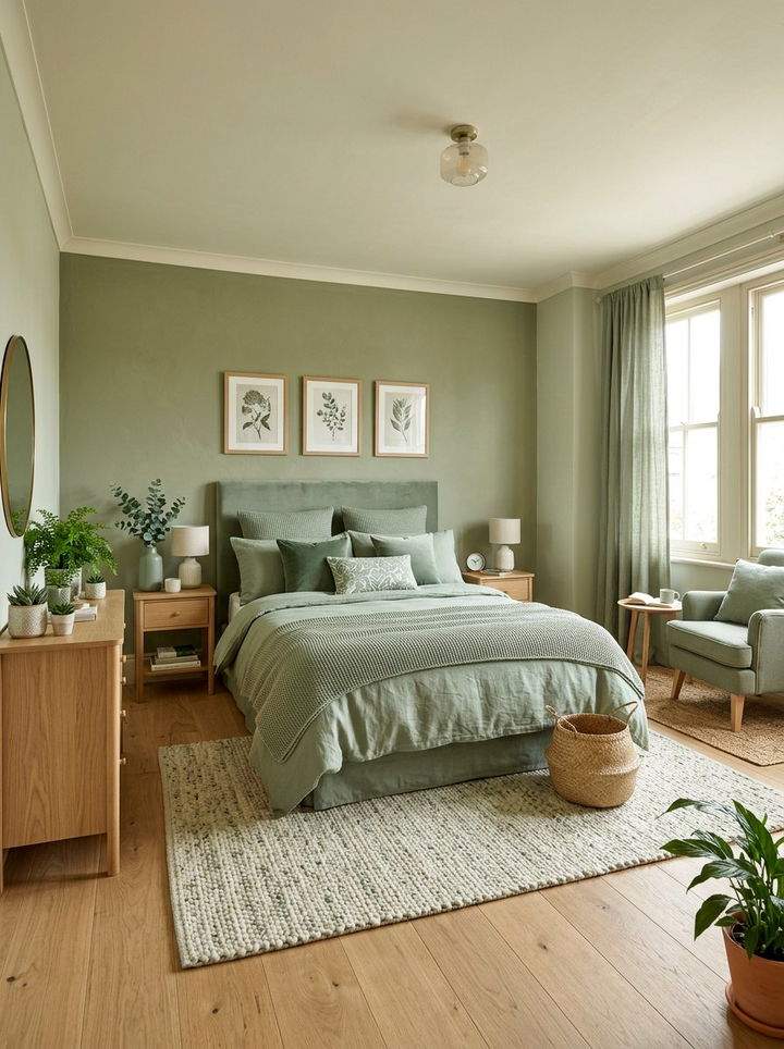 Dark spruce green bedroom with concrete accent wall, charcoal upholstered bed, smoked glass pendant.