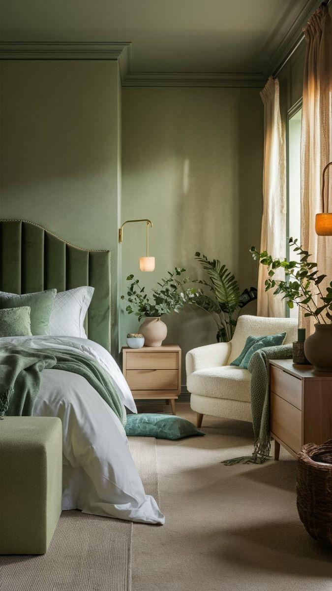 Monochromatic dark green bedroom with color-drenched walls, dark green velvet headboard, warm indirect lighting.