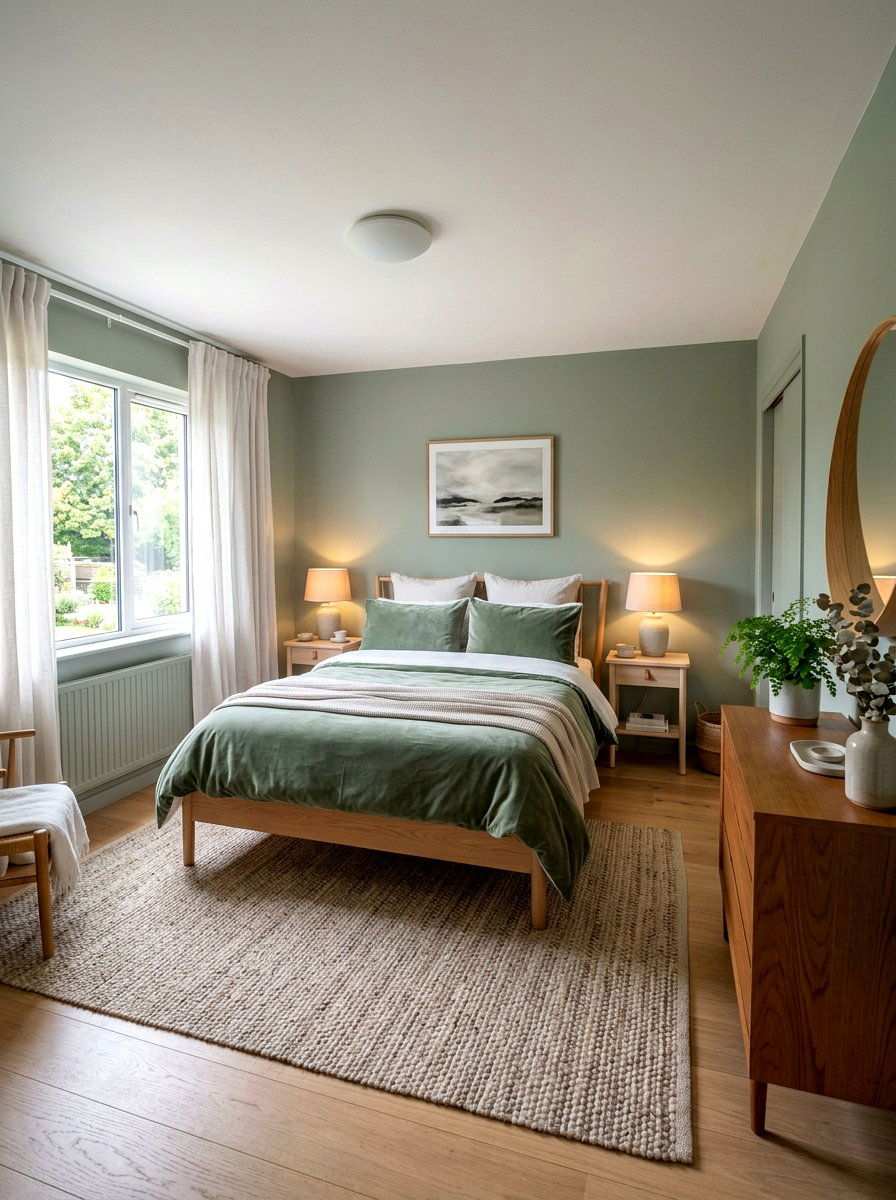 Dark pine green bedroom with reclaimed timber headboard, distressed brown leather armchair, warm table lamp.