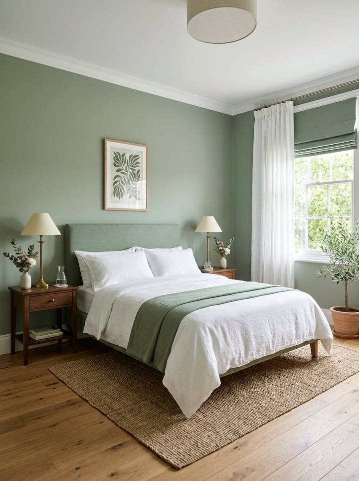 Dark olive green Japandi bedroom, natural oak bed frame, beige boucle bench, warm sconce light.