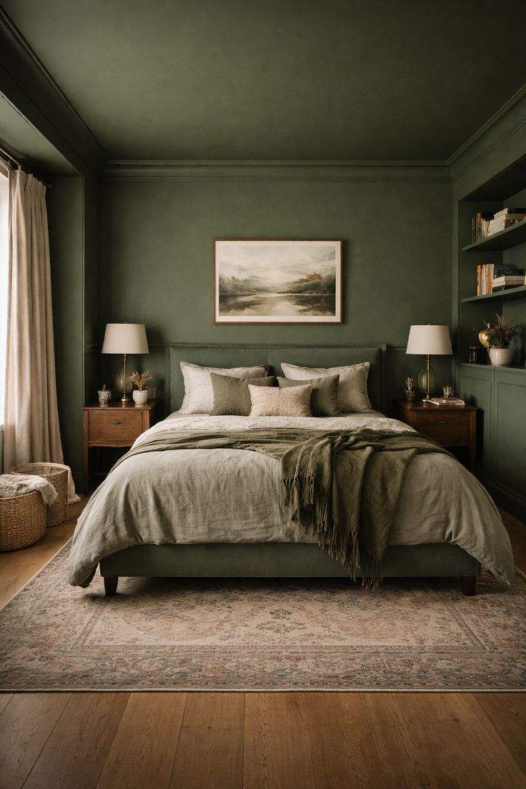 Dark emerald green bedroom with brass inlay wall moldings, dark emerald velvet bed, brass globe pendants.