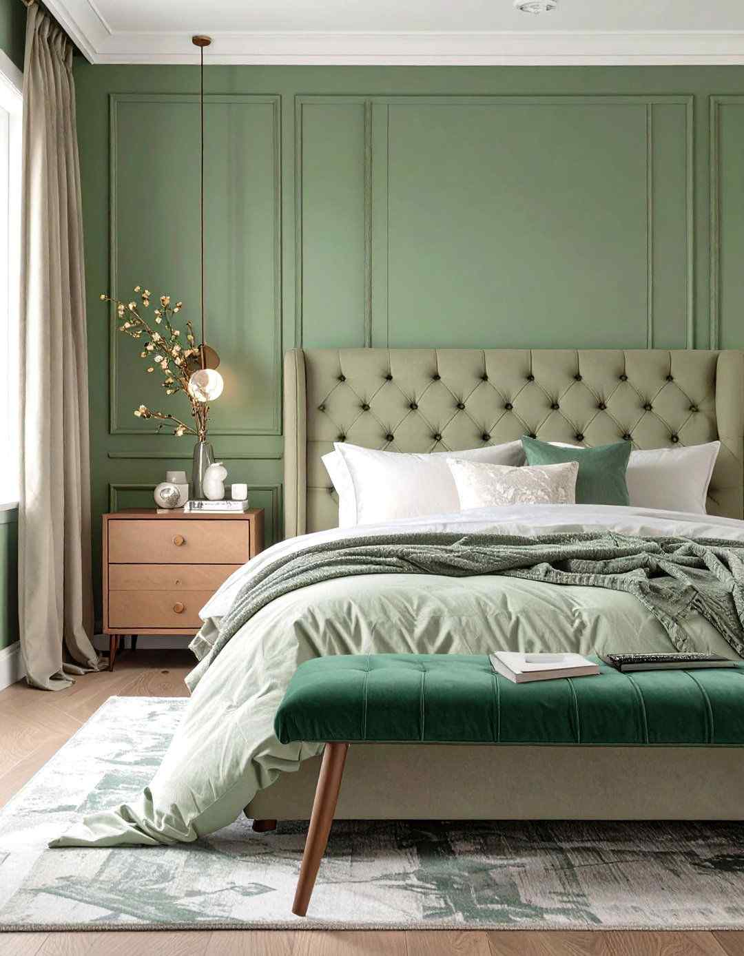 Dark spruce green bedroom with black iron bed, charcoal woven rug, warm minimalist brass reading light.