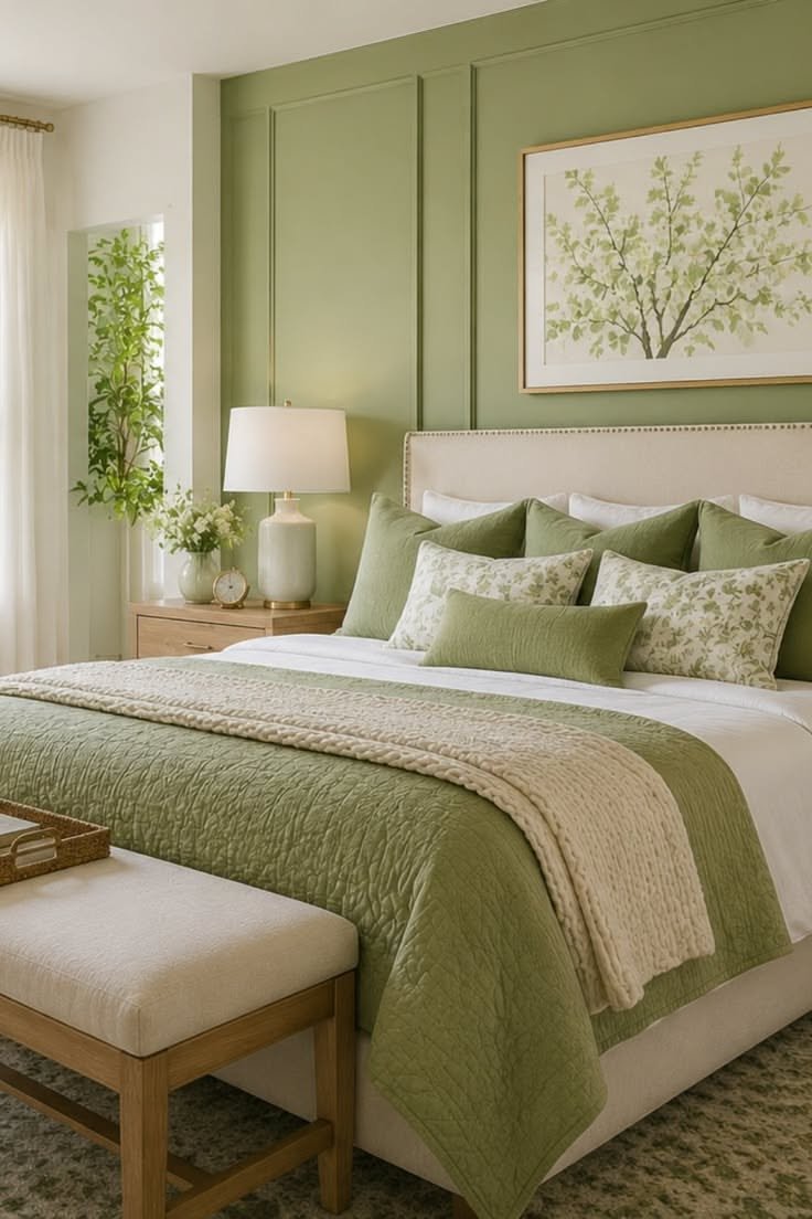 Dark moss green bedroom with black marble nightstand, black velvet curtains, soft ambient brass floor lamp.
