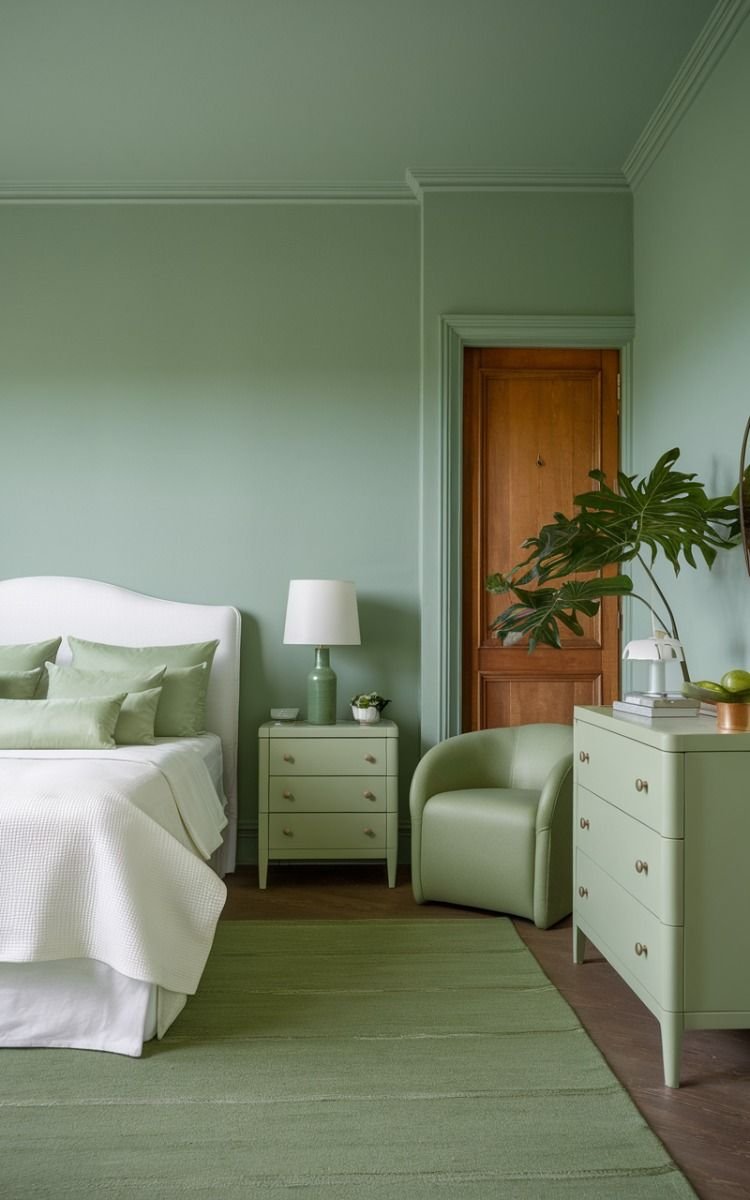 Dark olive green bedroom with smoked oak panels, low platform bed, warm recessed LED strips.