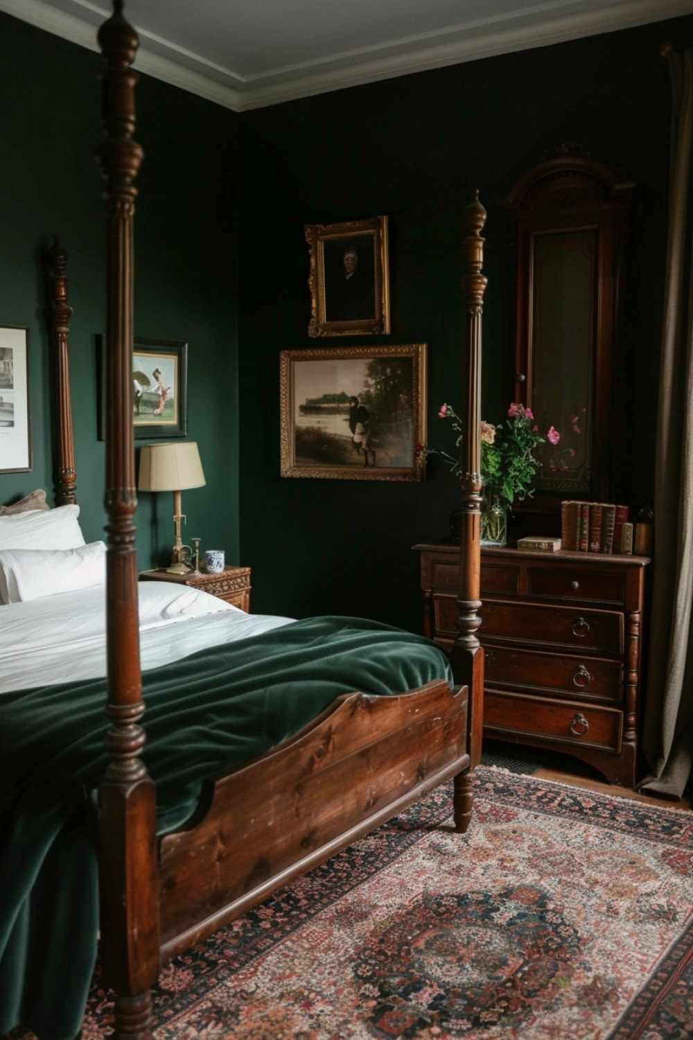 Dark green men's bedroom with walnut platform bed, brushed brass sconces, and emerald velvet bedding.