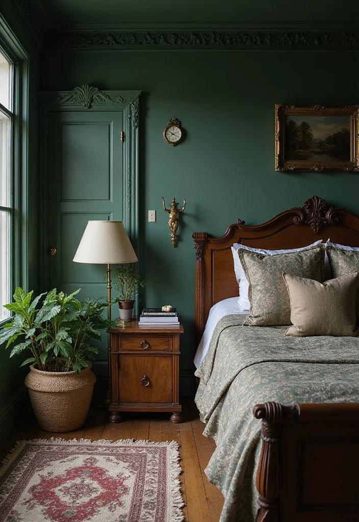 Industrial dark green bedroom featuring raw concrete ceiling, black iron bed frame, and warm amber lighting.