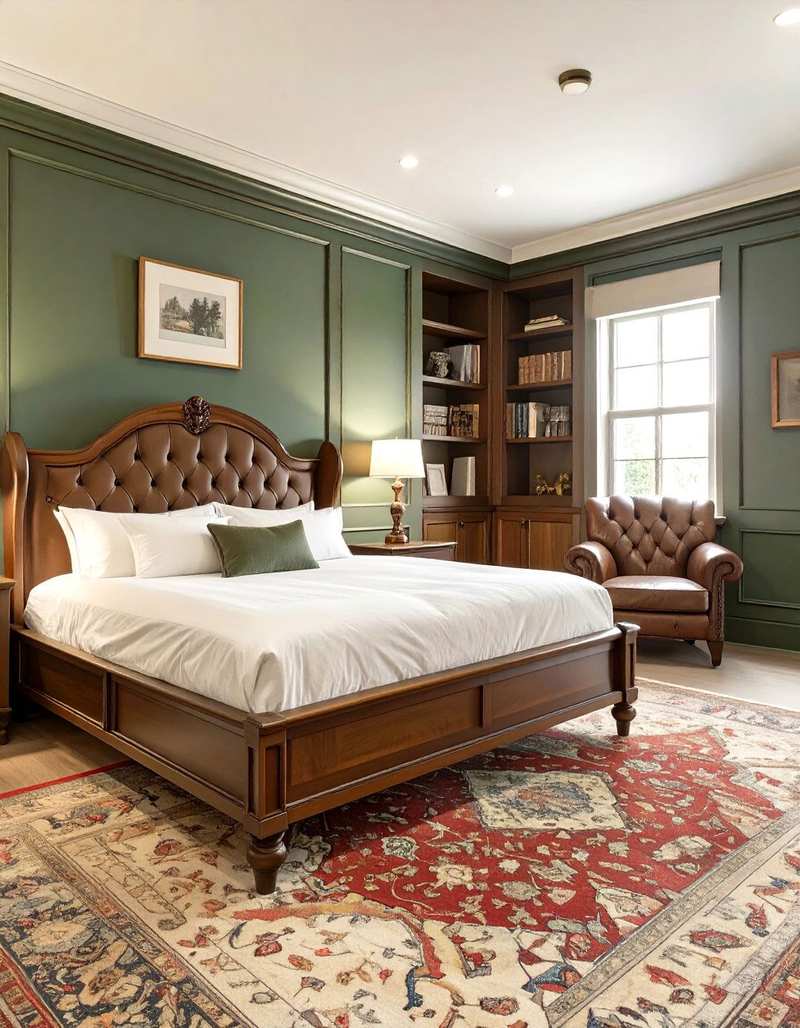 Minimalist men's dark olive green bedroom with smoked glass tables and modern linear strip lighting.