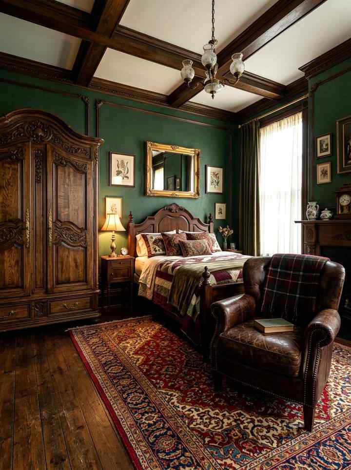 Dark pine green rustic bedroom featuring reclaimed barnwood accent wall, bronze lamp, and woven textiles.