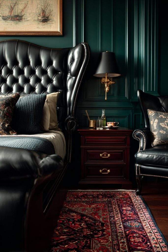 Contemporary men's dark jade green bedroom with charcoal suede headboard and warm architectural recessed lighting.