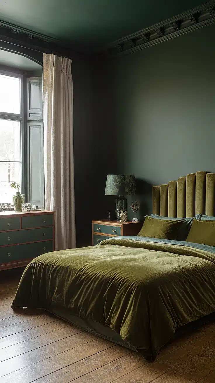 Mid-century modern men's moss green bedroom with cognac leather lounge chair and warm brass lighting.