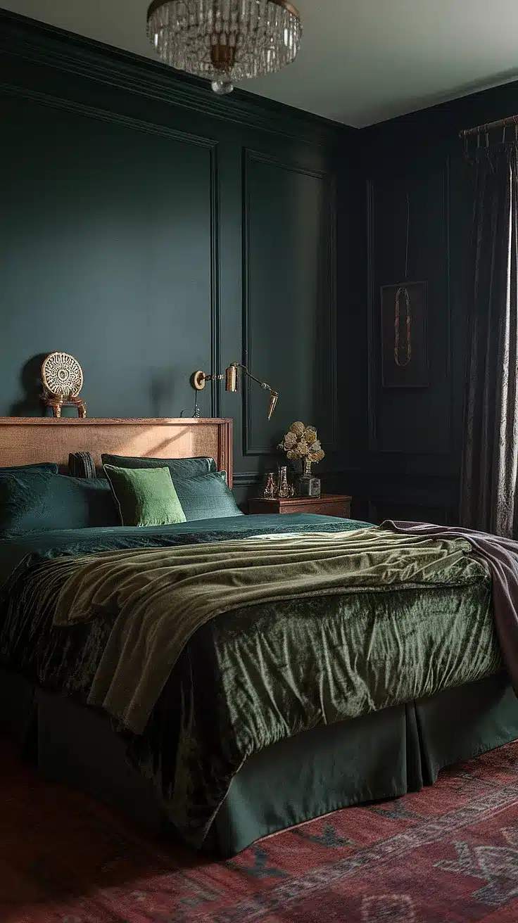 Moody men's dark cypress green bedroom featuring black steel canopy bed and warm fluted glass sconces.