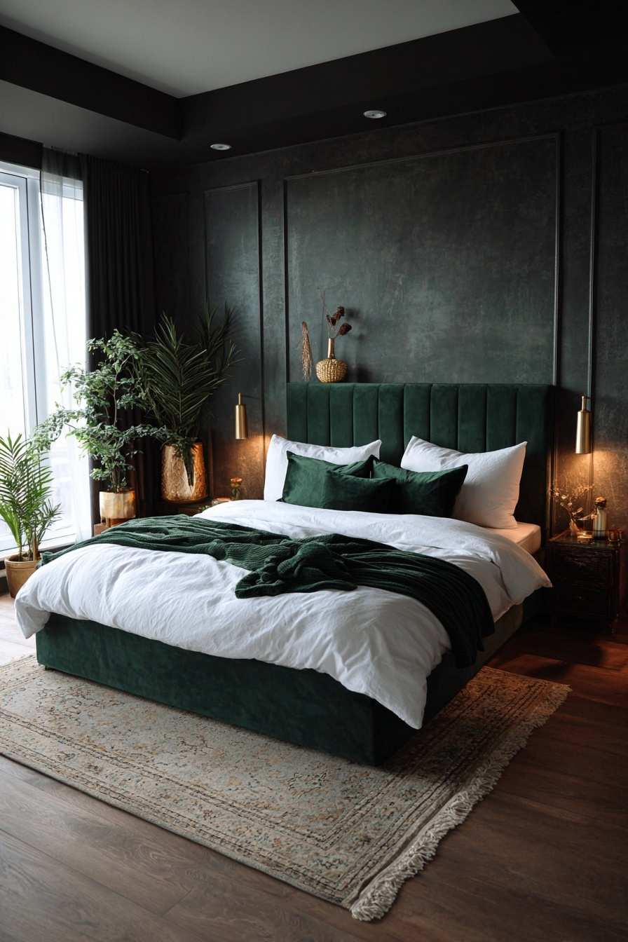 Organic modern dark hunter green men's bedroom with micro-cement wall finish, low platform bed, soft lighting.