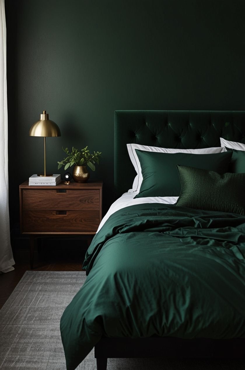 Japandi style men's deep sage green bedroom with light oak bed, rattan pendant light, natural textiles.