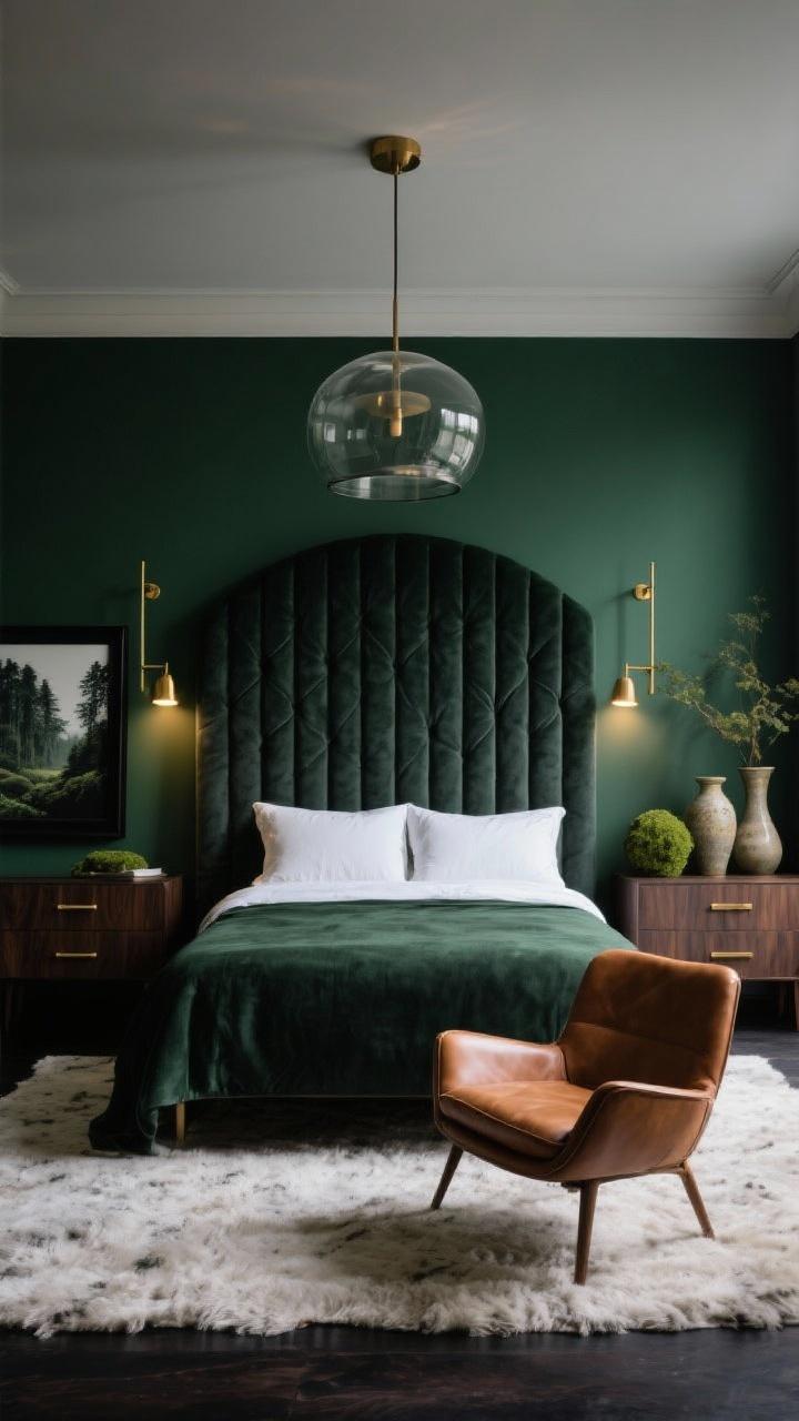 Luxury men's dark spruce green bedroom with channel tufted headboard, cognac leather bench, smoked glass lamps.