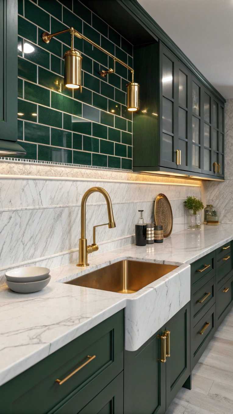 Dark green cabinets, green subway tile backsplash, brass wall sconce, modern lighting.