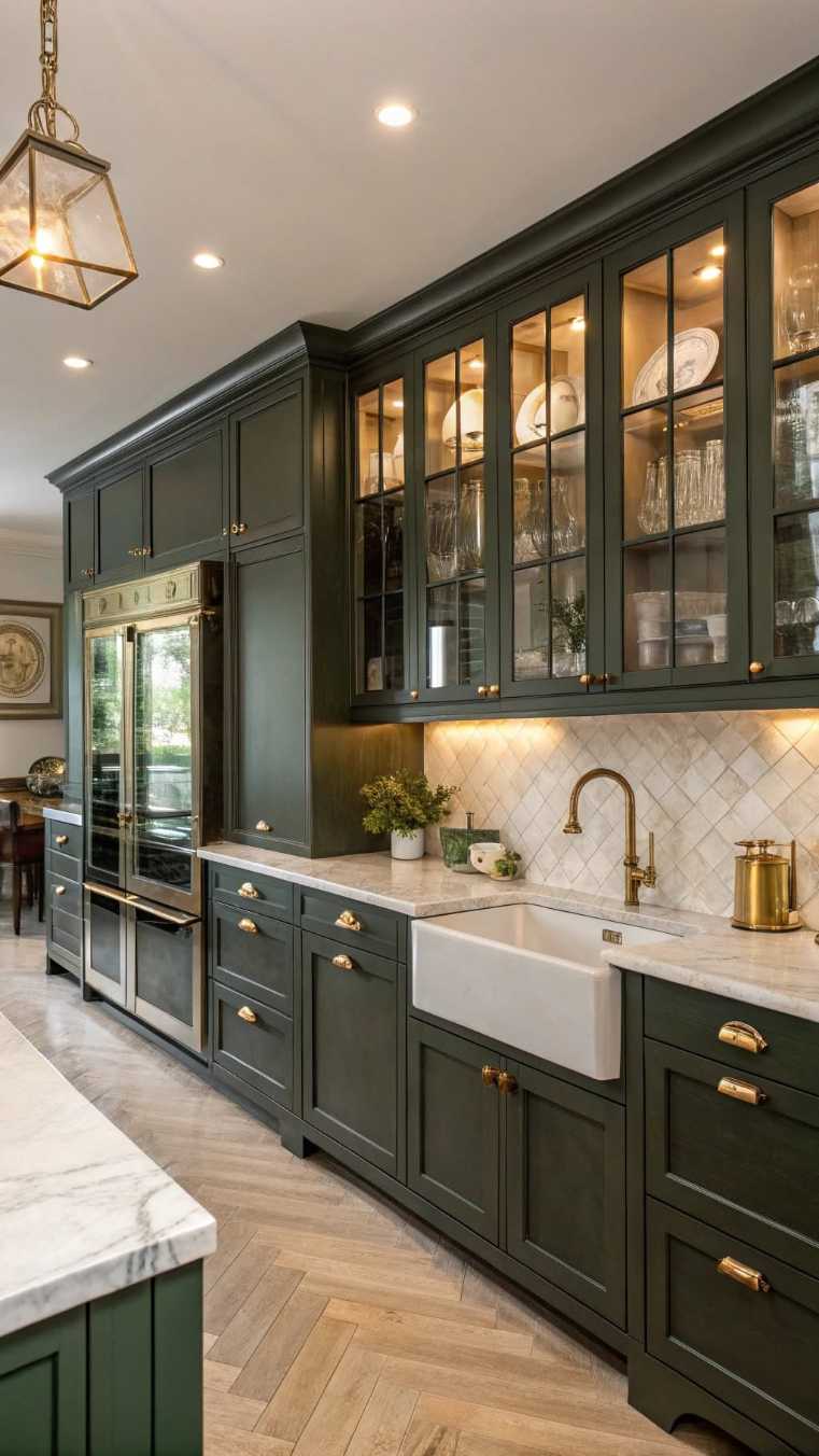 Dark green kitchen cabinets, glass upper cabinets, white farmhouse sink, bright lighting.