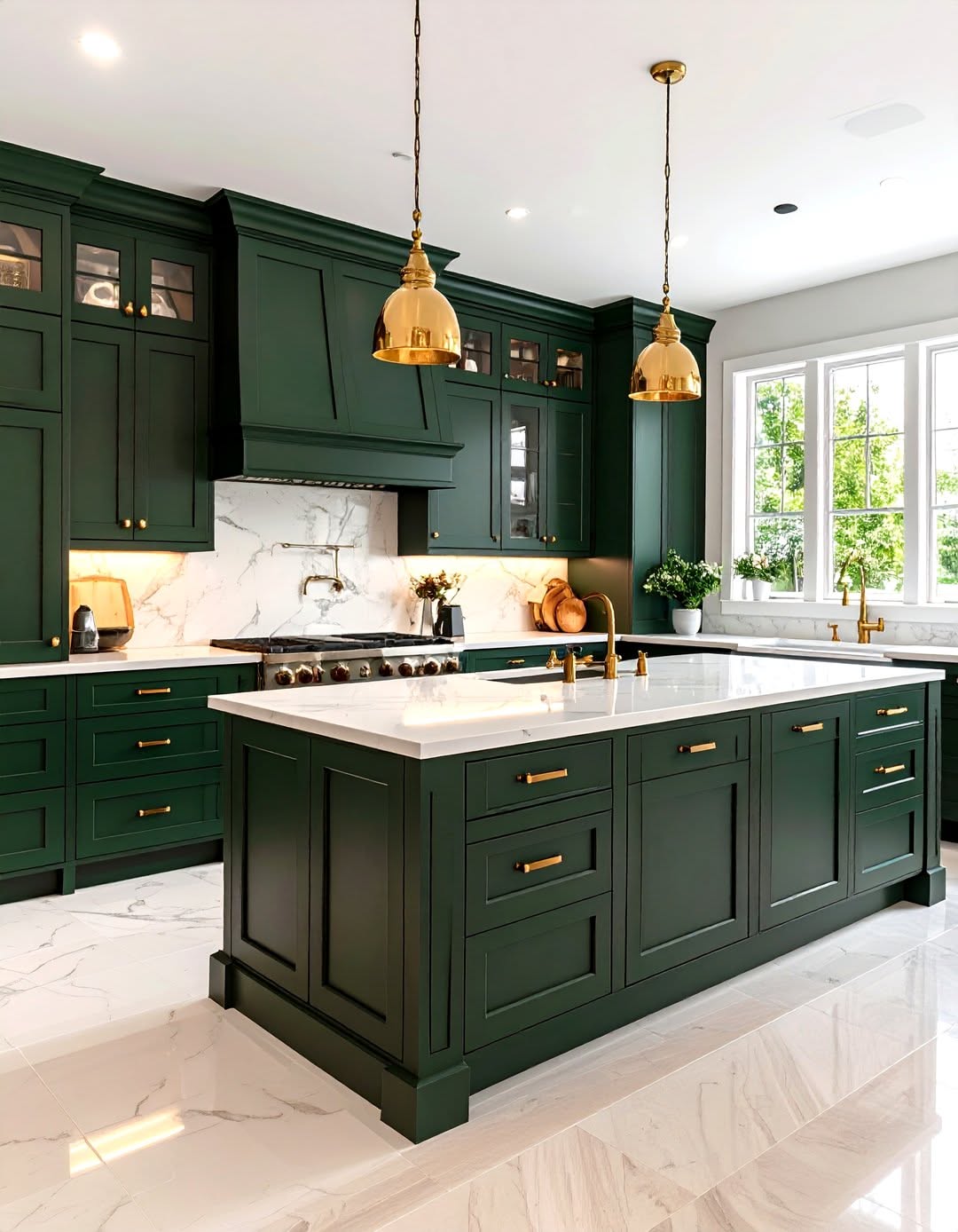 Dark green cabinets, marble kitchen island, brass pendant lights, polished concrete floor.