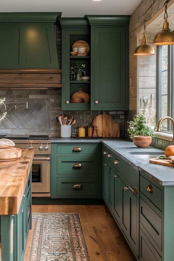Dark hunter green cabinets, soapstone countertop, brass cup pulls, rustic lighting.
