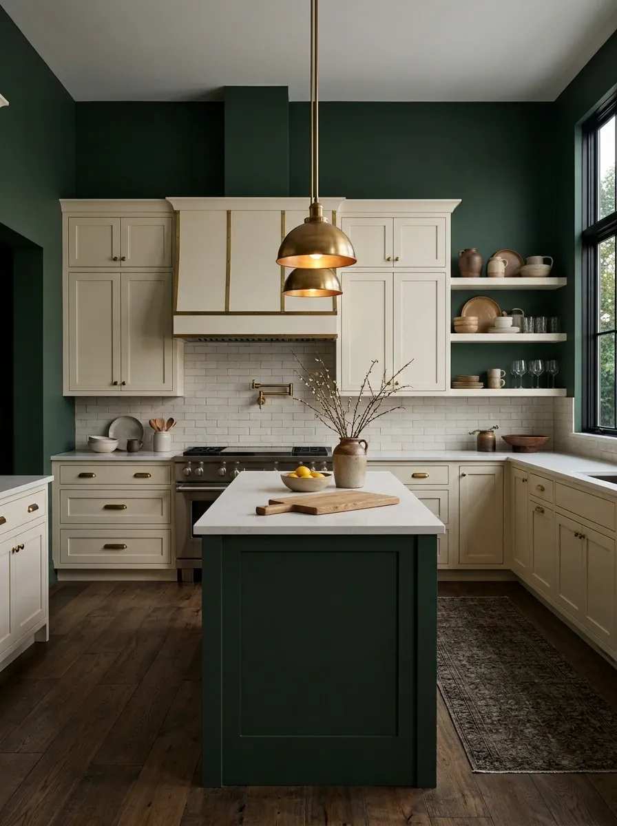 Kitchen with emerald green cabinets, brass faucet, dark stone countertop, matte black flooring, warm lighting.