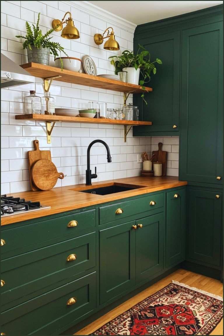 Deep green cabinets, butcher block counter, open wooden shelves, industrial lighting.