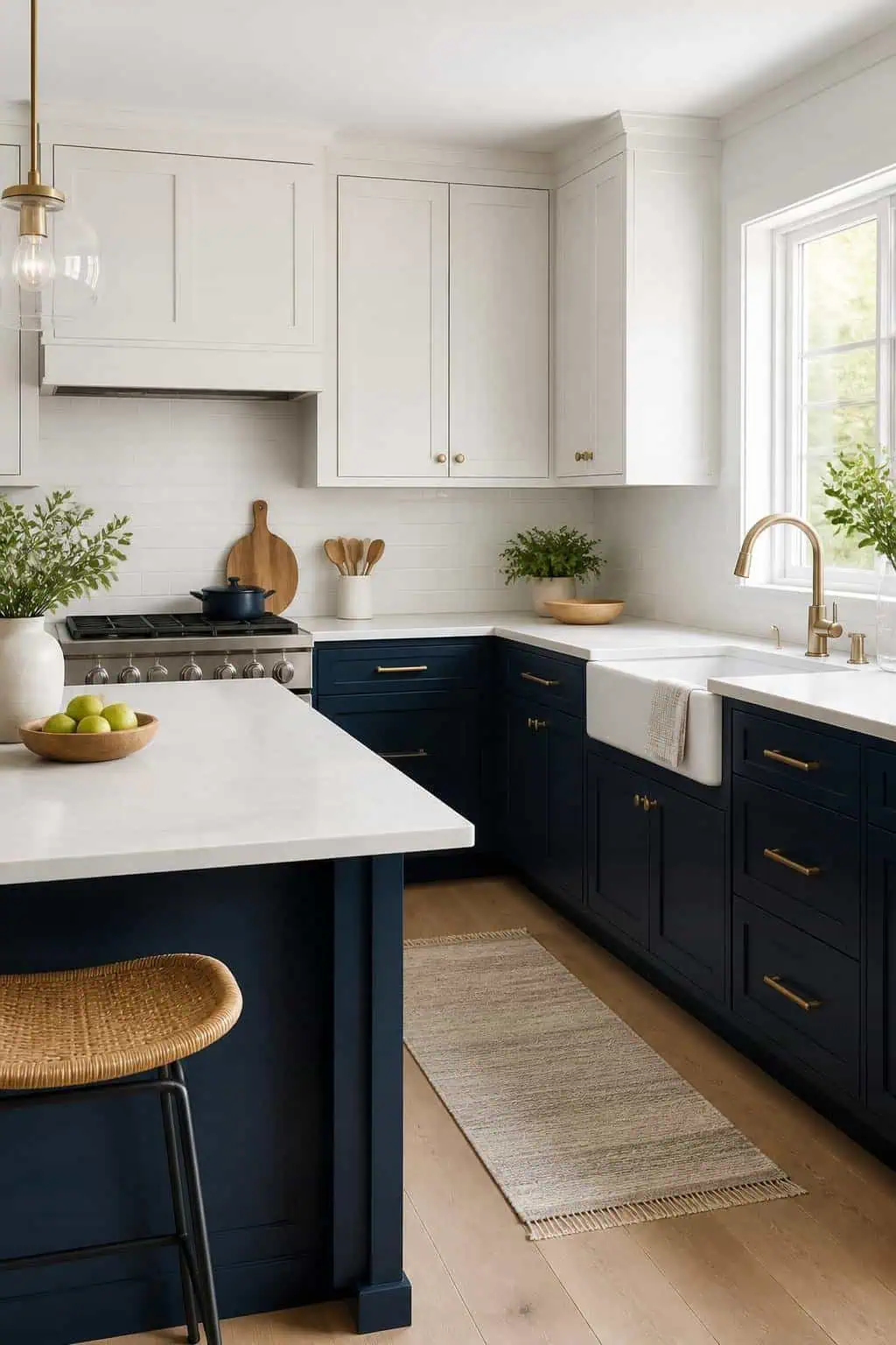 Kitchen interior, deep navy lower cabinets, soft white upper cabinets, quartz countertop, recessed lighting