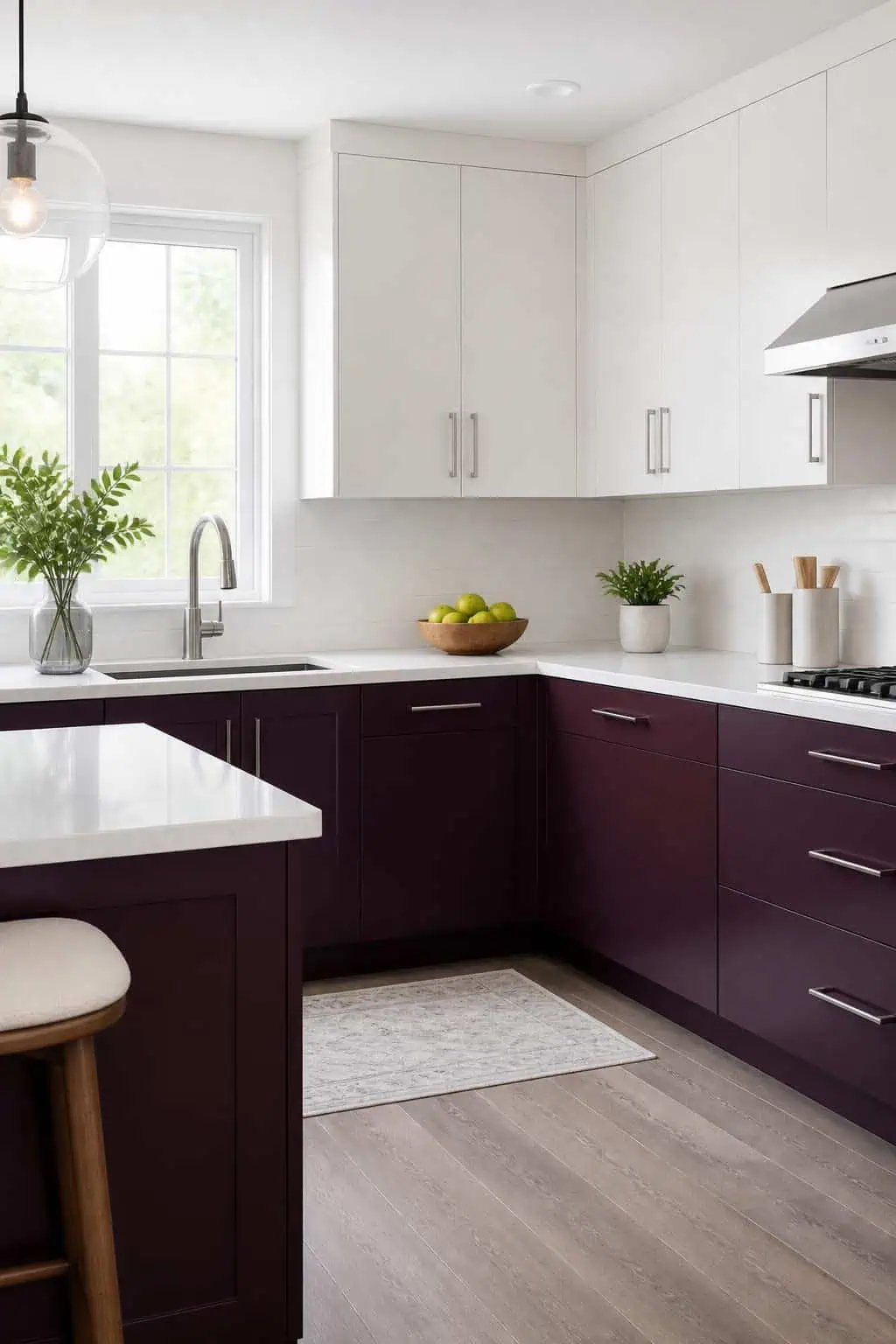 Kitchen view, deep plum lower cabinets, cool white upper cabinets, brushed nickel hardware, natural light