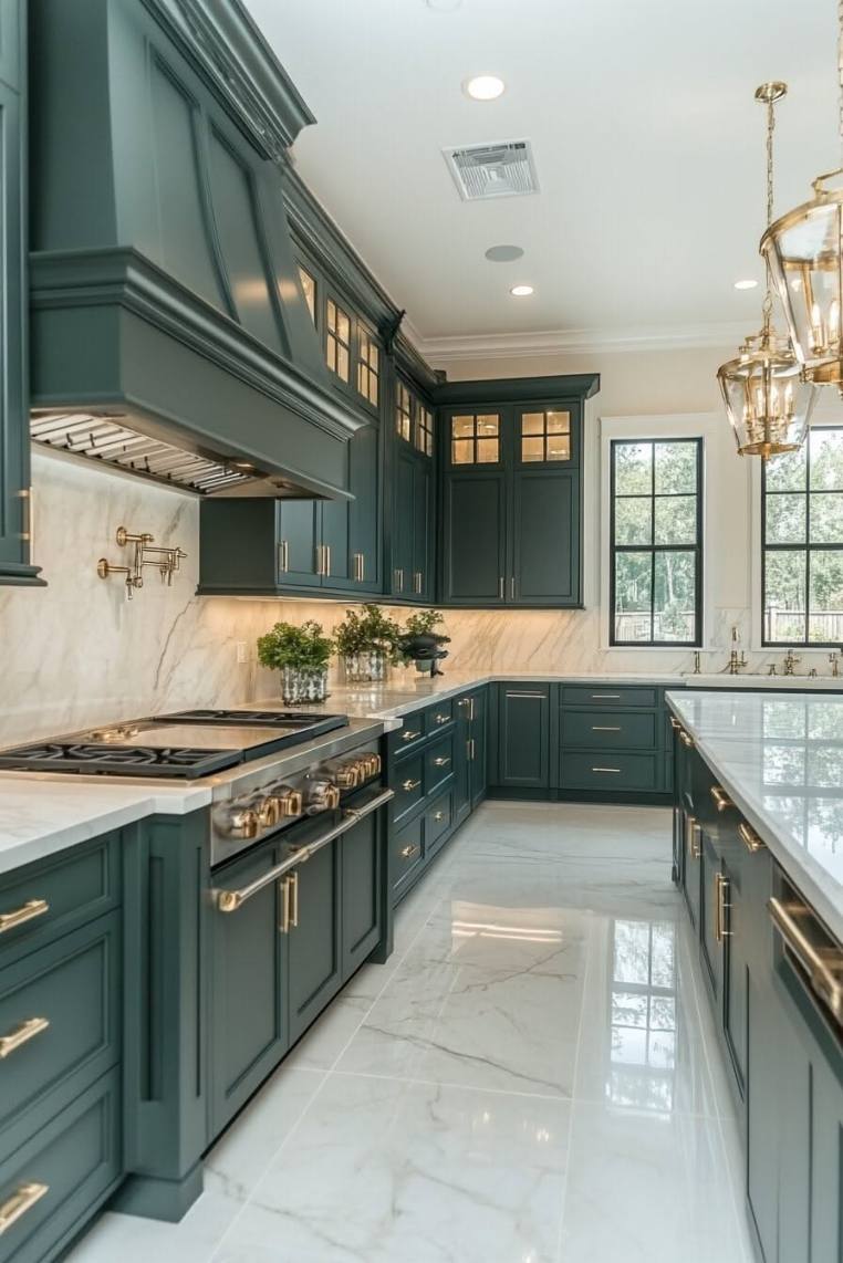 Deep teal green cabinets, white marble countertops, sleek chrome faucet, soft ambient lighting.