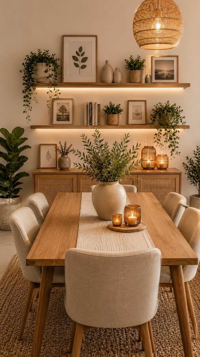 Dining nook with backlit wooden shelves displaying ceramics