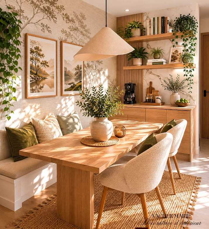 Corner dining nook with upholstered banquette and small table