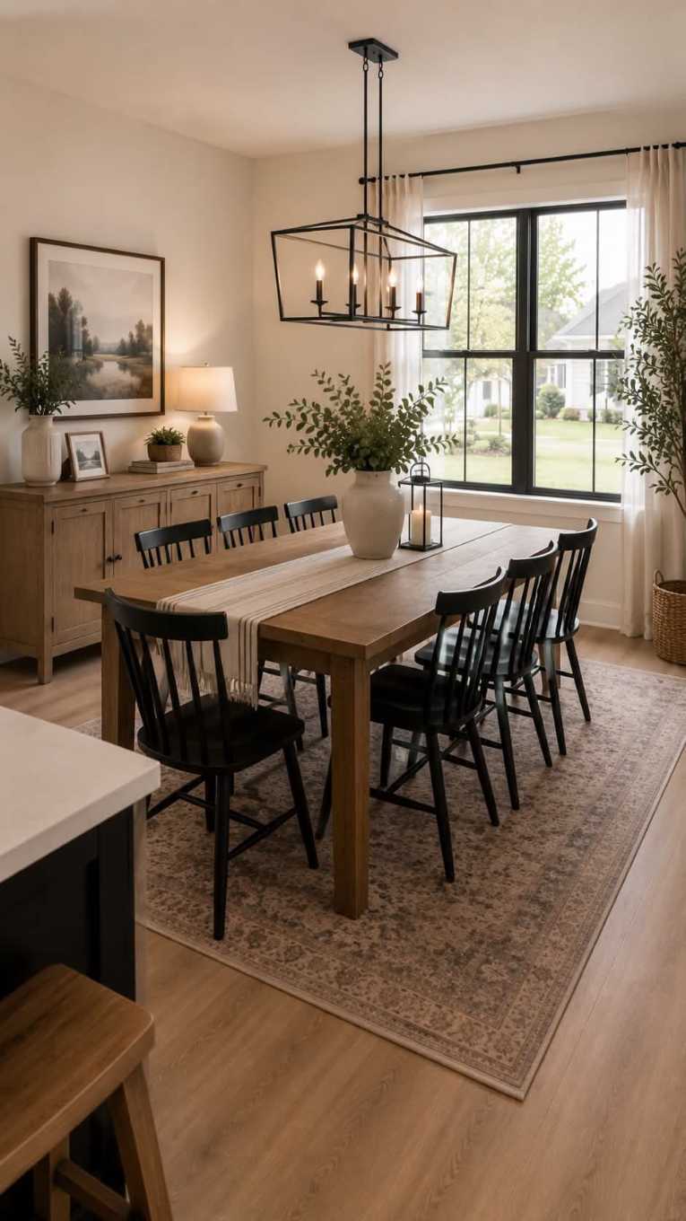 Dining table with a set of black painted Windsor chairs