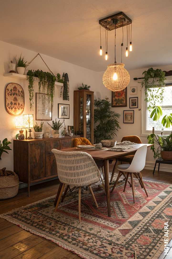 Dining room with mixed patterns and boho eclectic decor