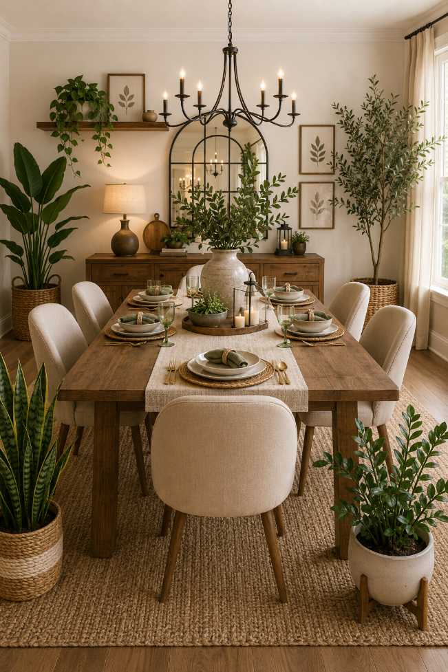 Dining area with large potted plants and botanical wall art