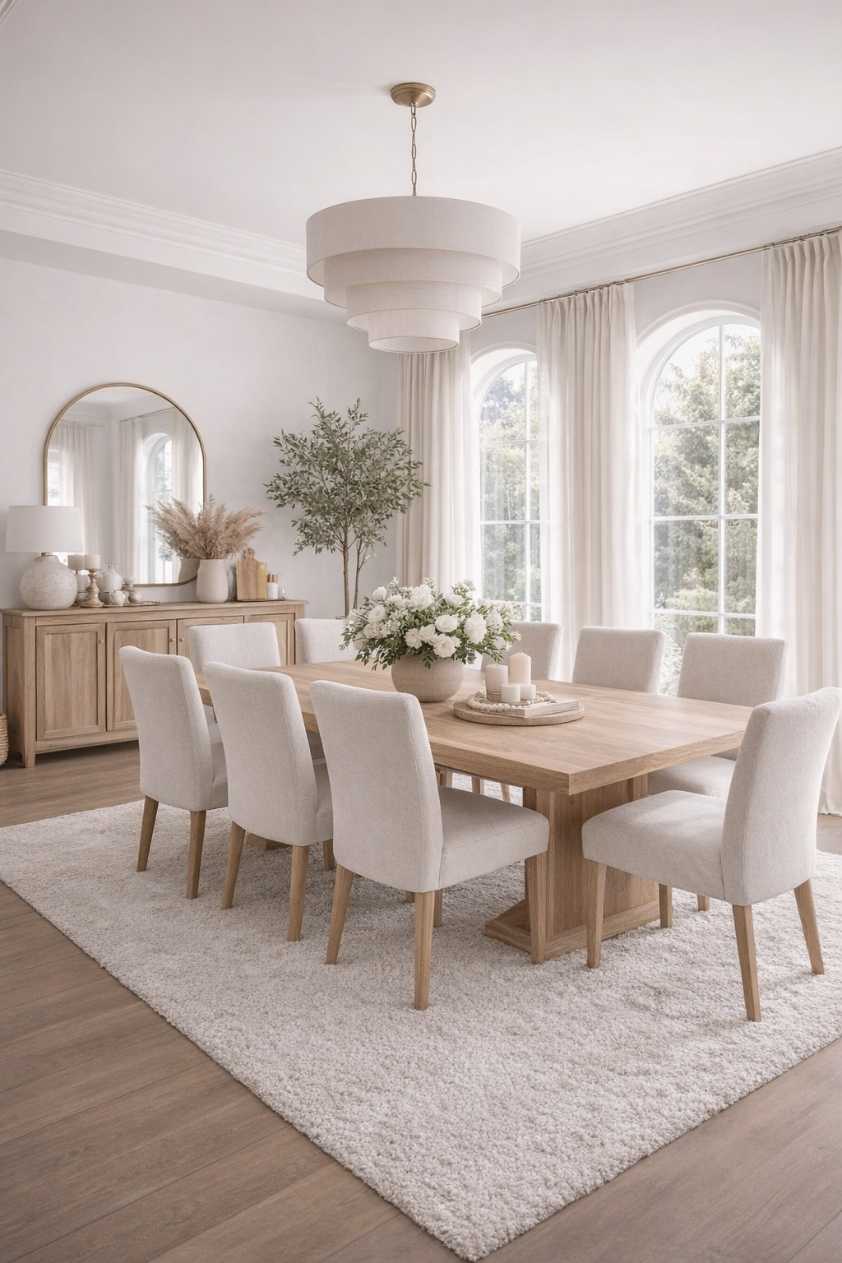 White dining room with coastal accents and light wood table