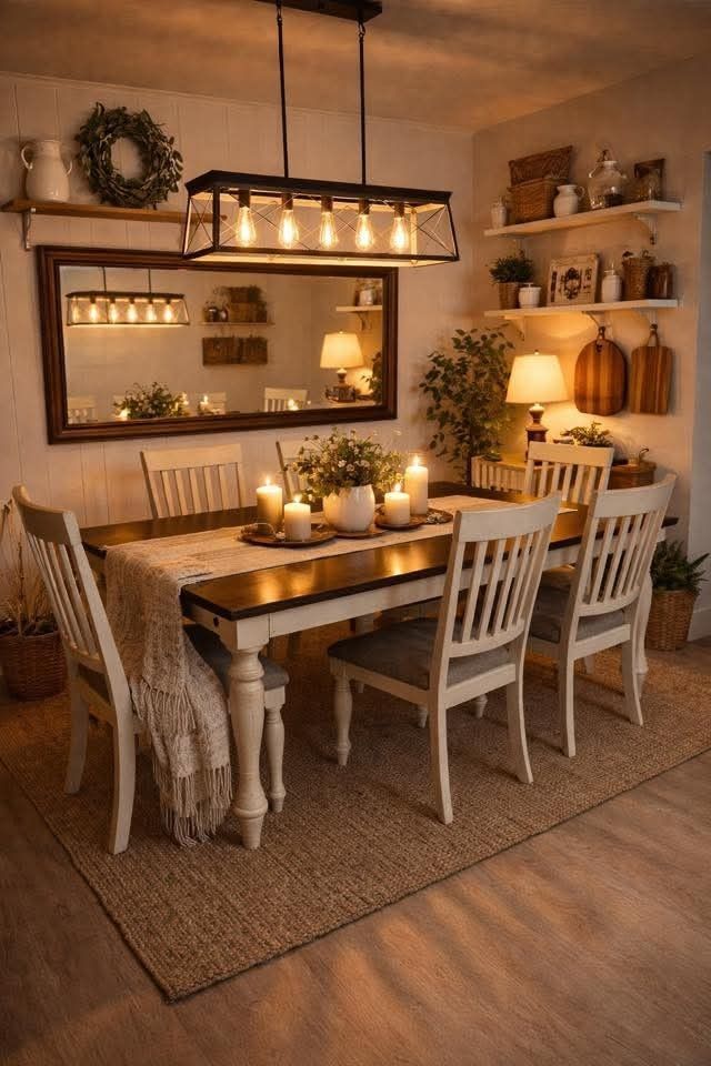 Cottage dining room with Edison bulb string lights