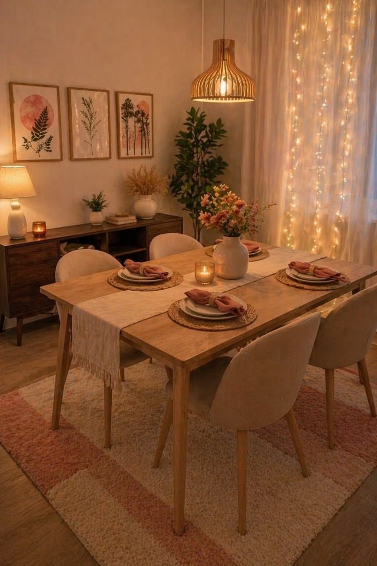 Dining area with fairy lights strung across the ceiling