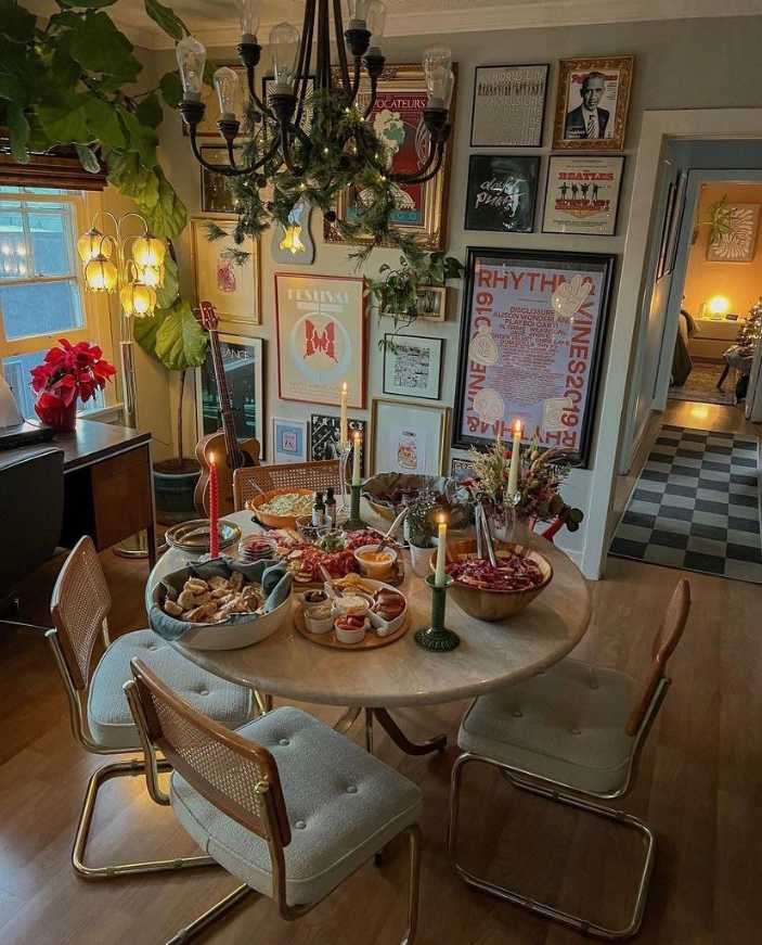 Dining table styled with eclectic boho tableware and runner