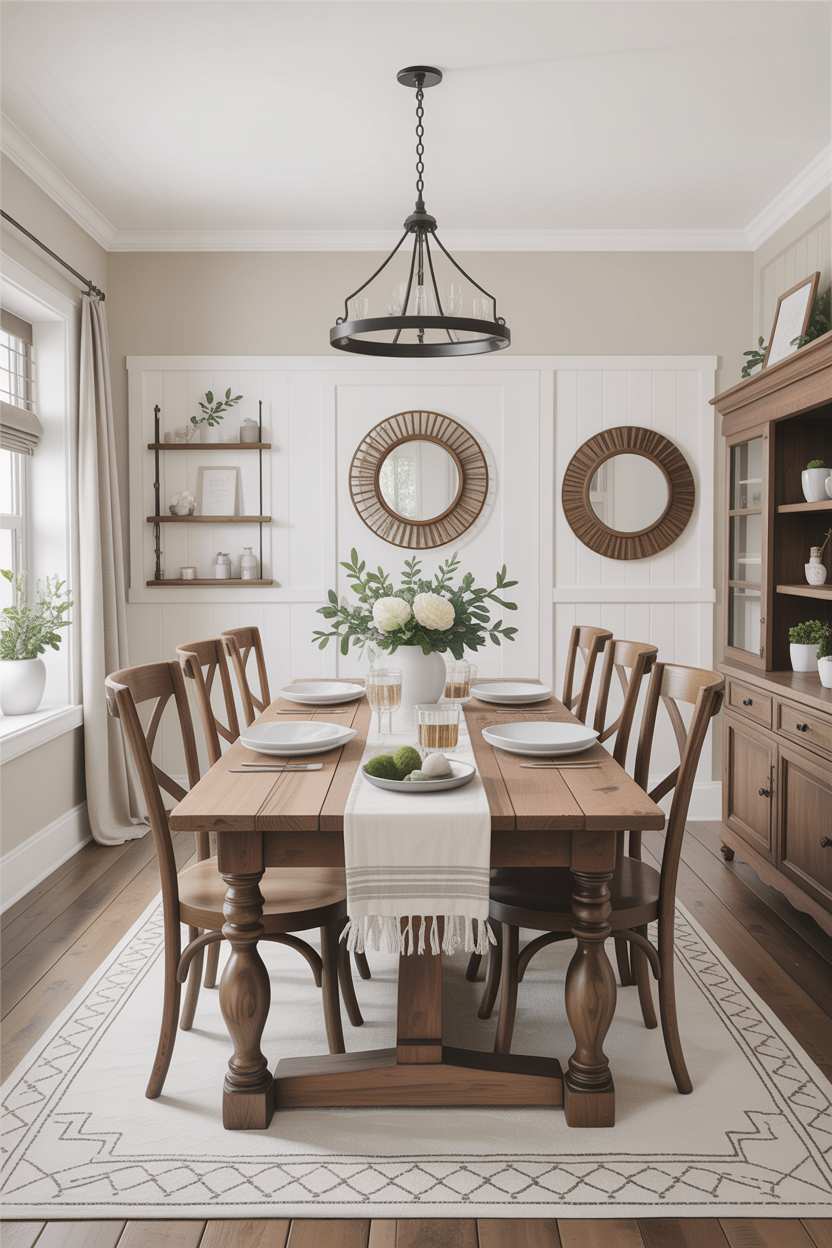 Dining room with white shiplap walls and wooden table