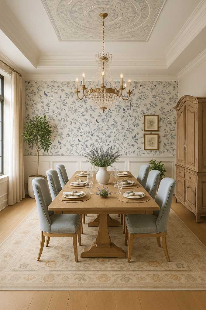 Dining room with French country furniture and gingham accents
