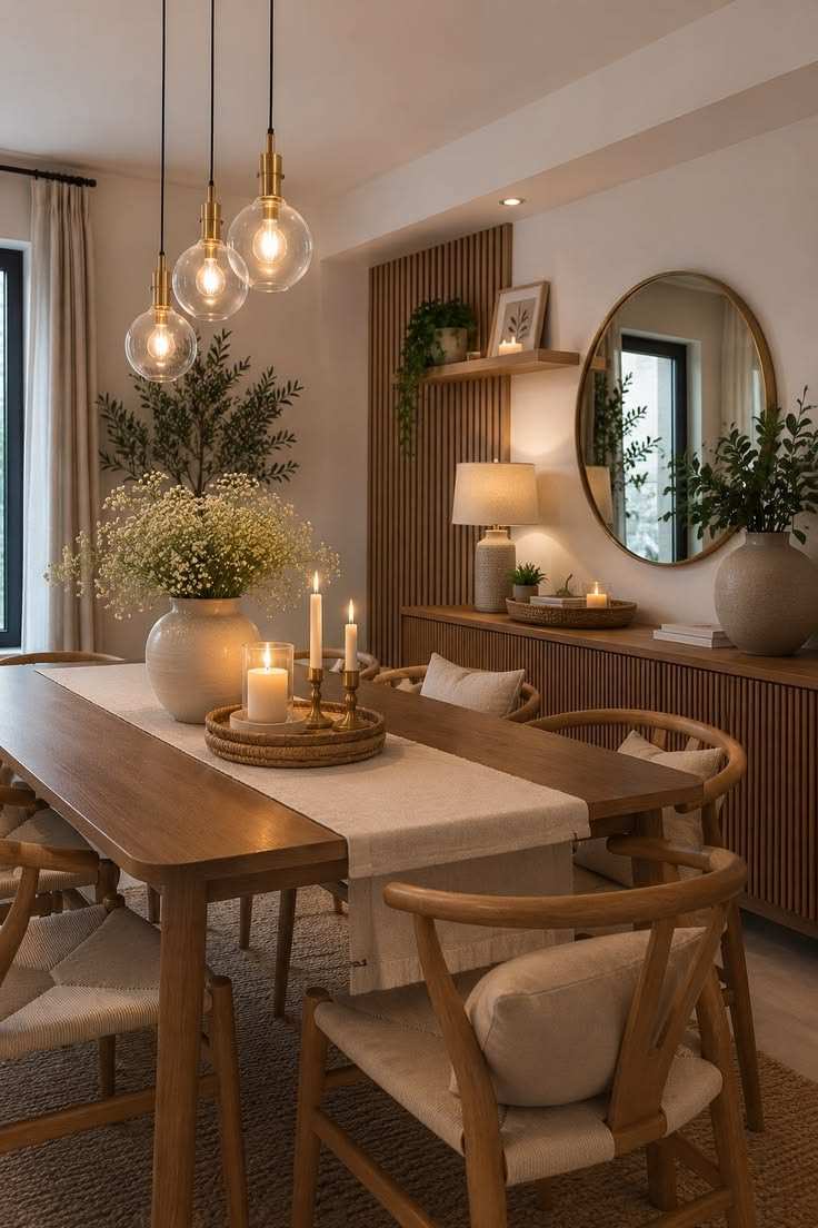 Dining room with Japandi style wood slat wall
