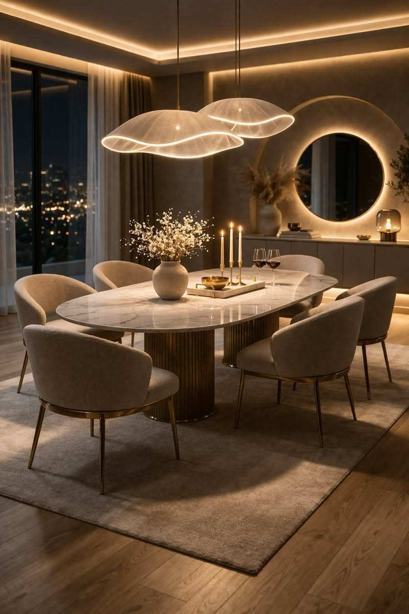 Dining table with sculptural wave shape pendant lights
