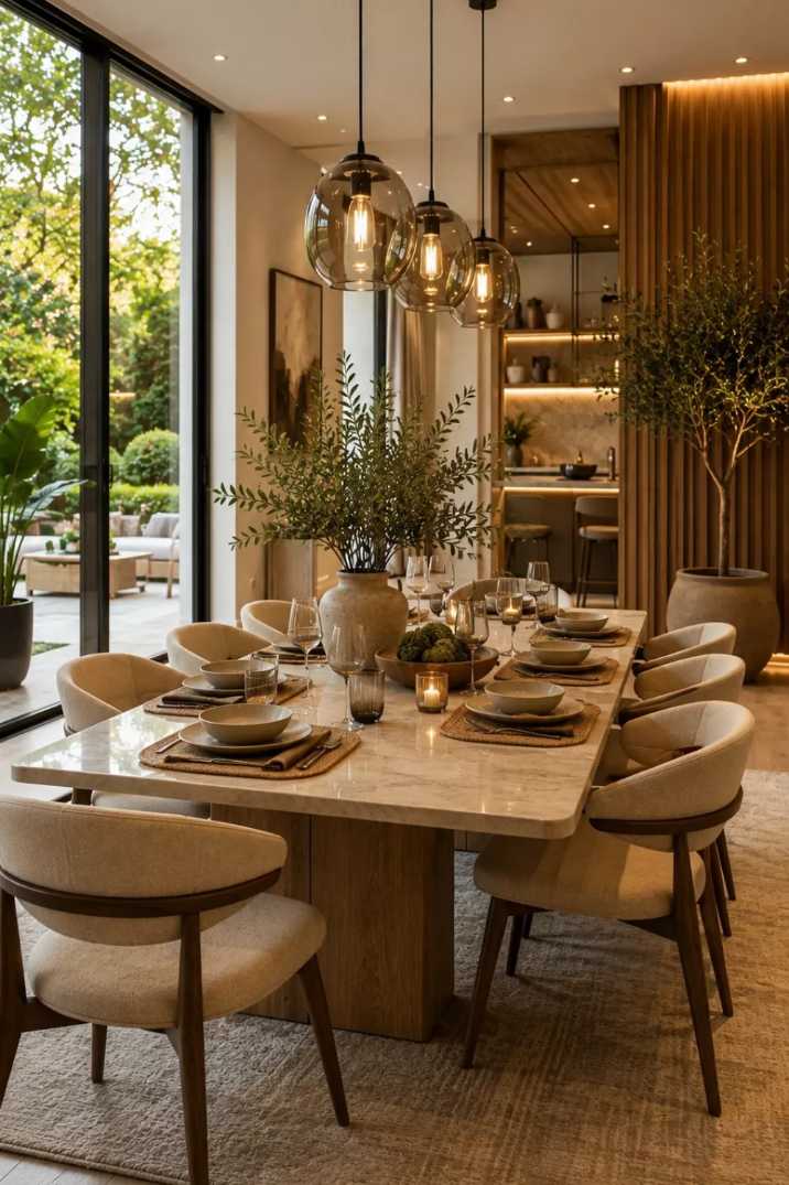 Dining room with marble table and vertical slat wall