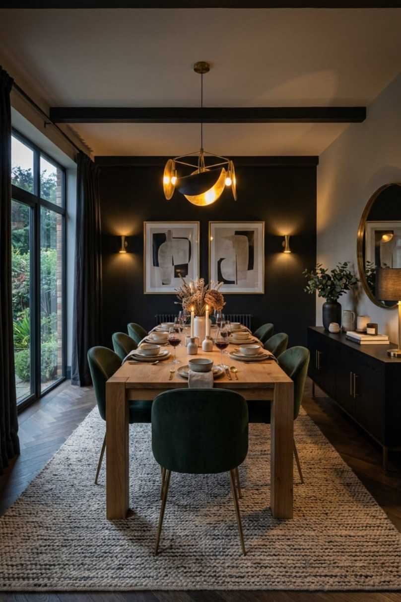 Dining room with dark green accent wall