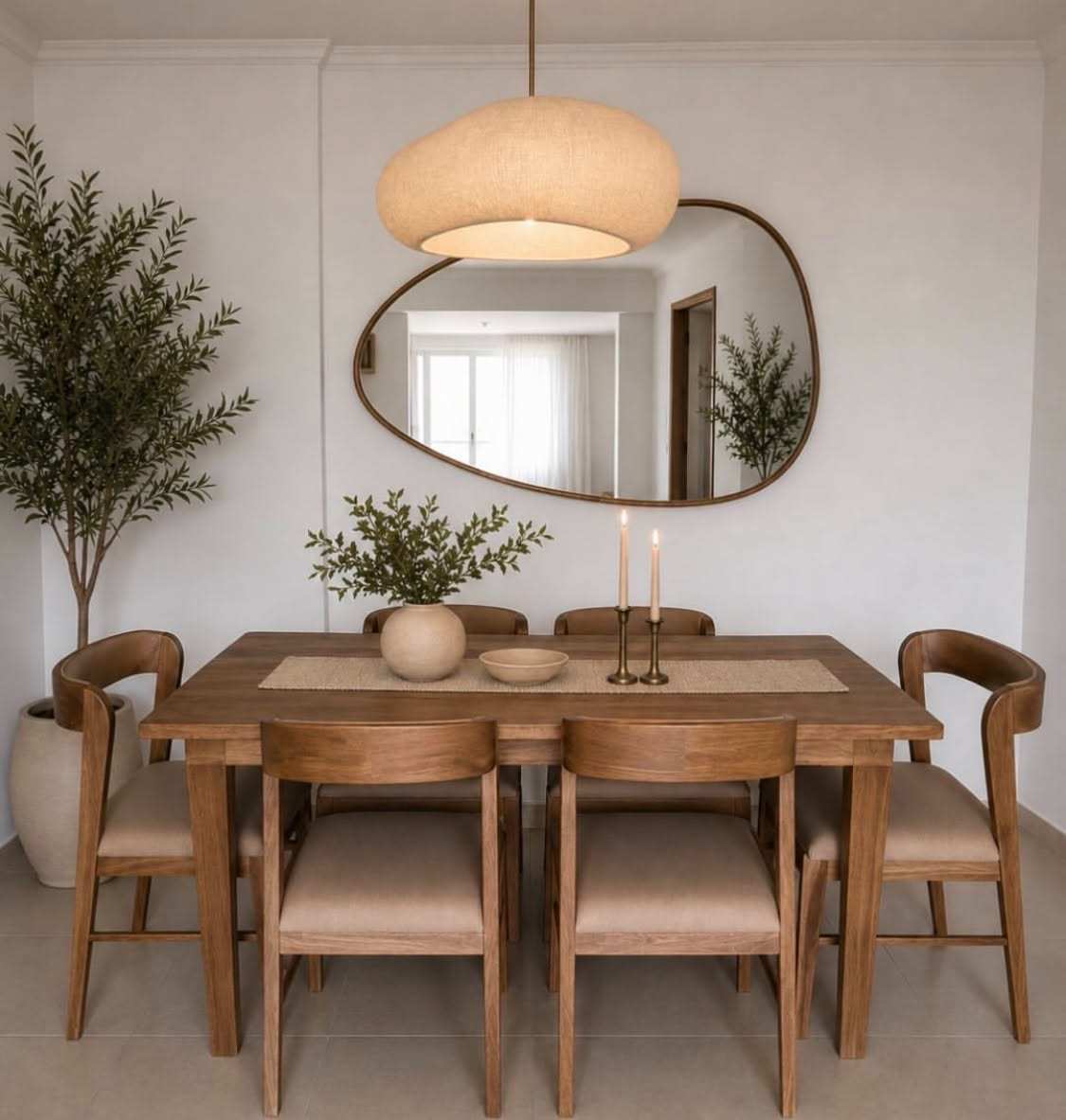 Dining room with large organic shape modern mirror