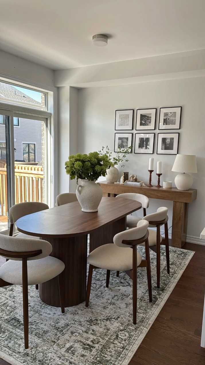 Dining room with oval table and gallery wall of art