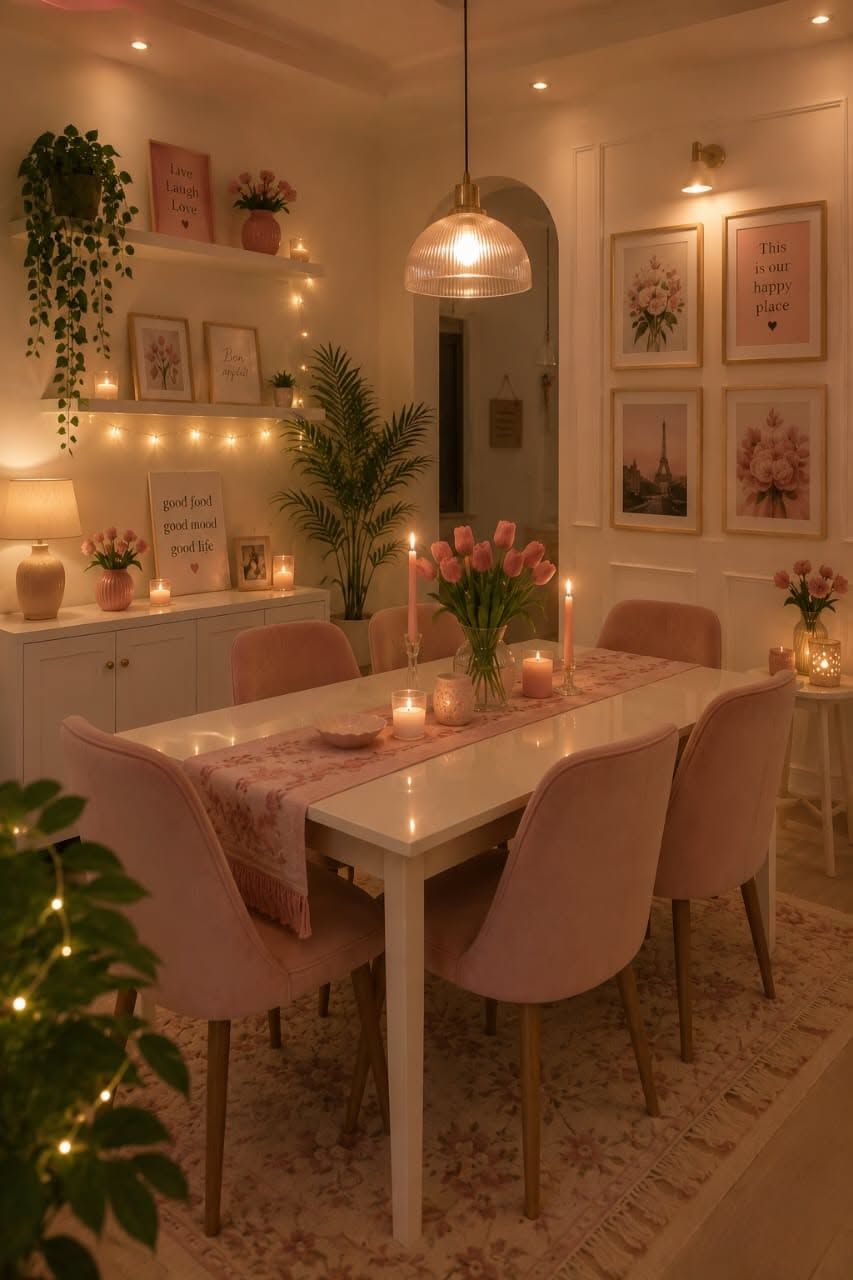 Dining room with soft pink walls and pink decor
