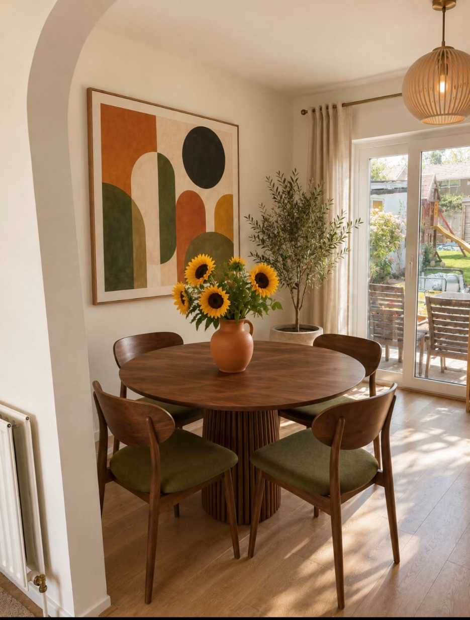 Dining room with solid round wooden table