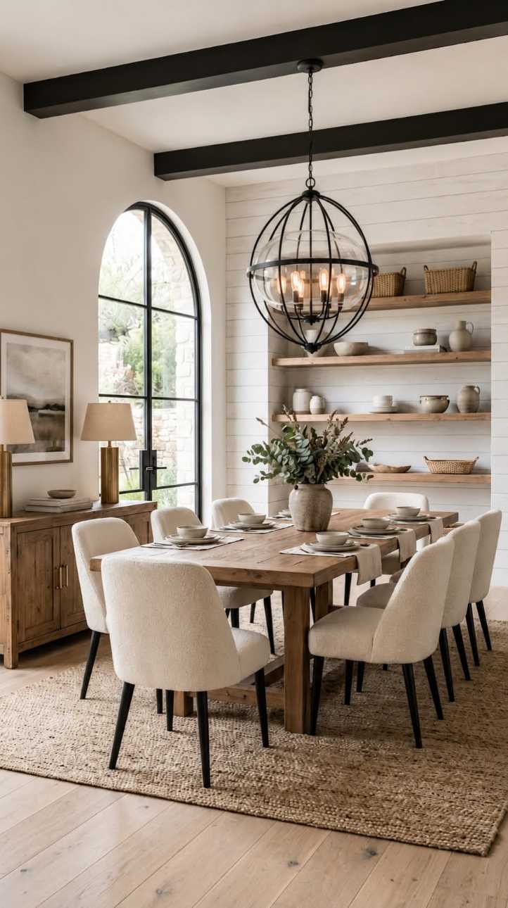 Dining room with rustic wooden orb chandelier