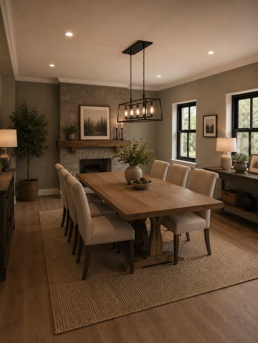 Dining room with stone fireplace and table